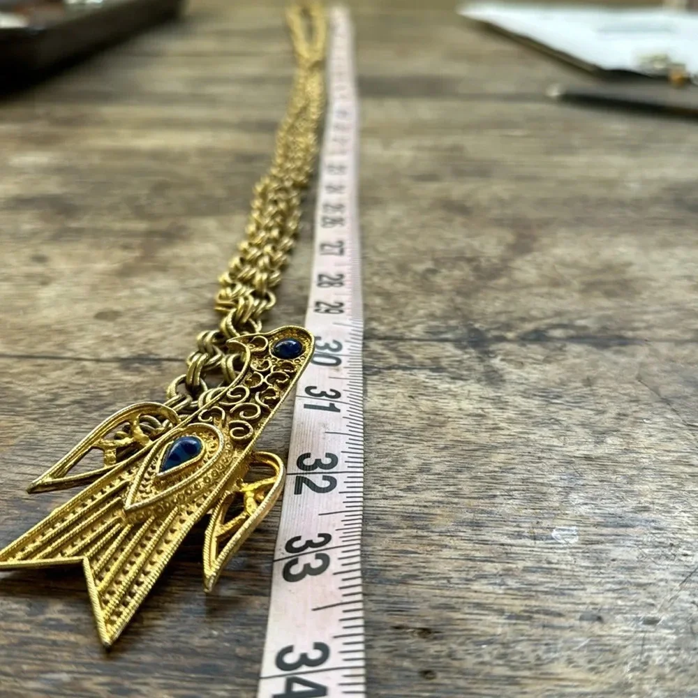 Vintage Art Deco Thunderbird Chain Belt Necklace Gold Tone Blue Cabochon Boho
